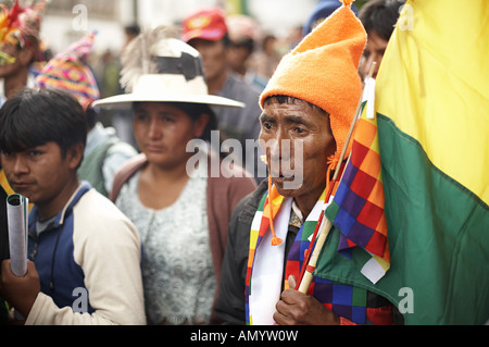 Supporters of president Evo Morales in Bolivia march to Plaza Murillo in La Paz to celebrate the new constitution. Stock Photo