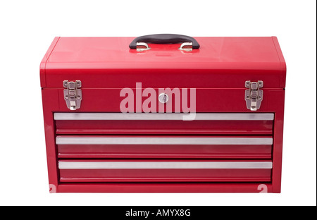 red metal tool box with three drawers and chrome latches Stock Photo