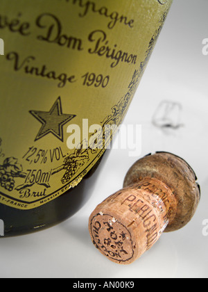 Bottle of Dom Perignon champagne with cork - full frame Stock Photo