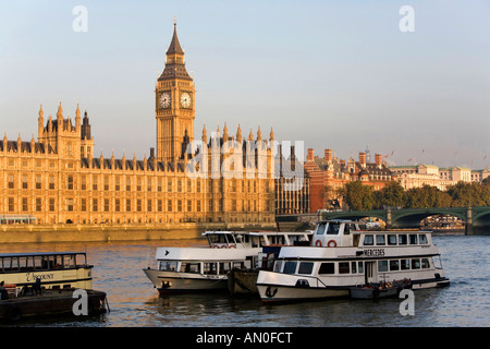UK London Palace of Westminster Big Ben St Stephens Tower standing above River Thames early morning Stock Photo