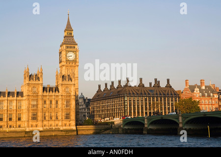 UK London Palace of Westminster and Portcullis House early morning Stock Photo