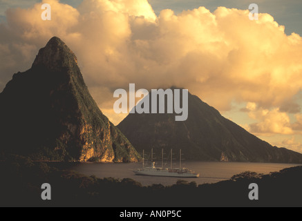 St Lucia Island Pitons caribbean sunset sailing cruise ship masts Stock Photo