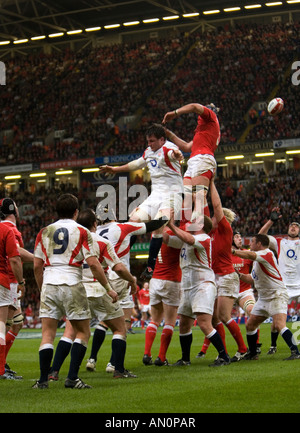 Fighting for possession in a lineout during the Wales England rugby union match at the Millennium Stadium on 17 March 2007 Stock Photo