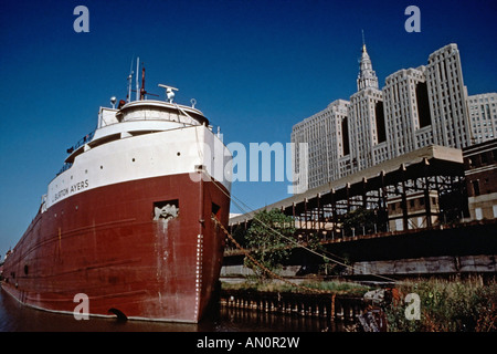 Ship moored in the Cuyahoga River near the Terminal Tower in Cleveland Ohio USA Stock Photo