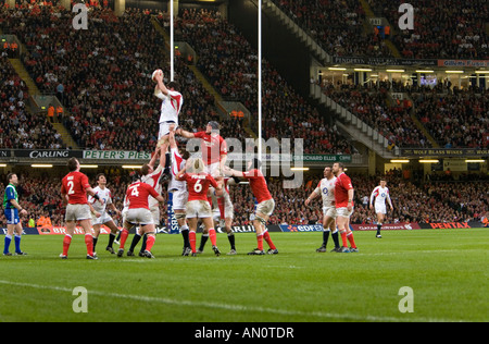 Fighting for possession in a lineout during the Wales England rugby union match at the Millennium Stadium on 17 March 2007 Stock Photo