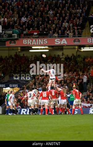 Fighting for possession in a lineout during the Wales England rugby union match at the Millennium Stadium on 17 March 2007 Stock Photo