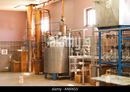 Distillation machine still with steel and copper boiler and column to make grape juice spirit. Kantina Miqesia or Medaur winery Stock Photo