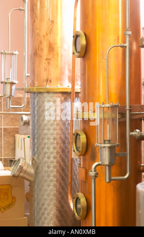 Distillation machine still with steel and copper boiler and column to make grape juice spirit. Detail. Kantina Miqesia or Medaur winery, Koplik. Albania, Balkan, Europe. Stock Photo