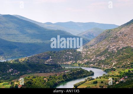 A panoramic view across the tremendously impressive Orin or Bijela Gora mountain tops close to the border to Montenegro on the road between Trebinje and Niksic. View of the river Trebisnjica in a steep valley.. Trebinje. Republika Srpska. Bosnia Herzegovina, Europe. Stock Photo