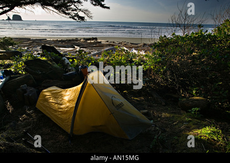 Backpacker on the Shi Shi beach in Olympic national park Stock Photo