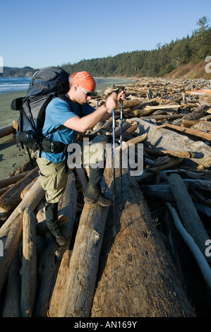 Backpacker on the Shi Shi beach in Olympic national park Stock Photo