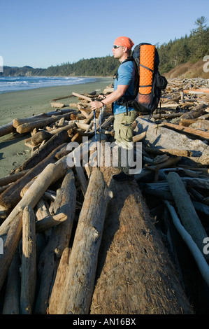 Backpacker on the Shi Shi beach in Olympic national park Stock Photo