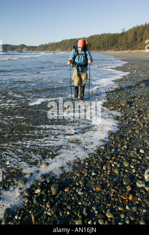 Backpacker on the Shi Shi beach in Olympic national park Stock Photo