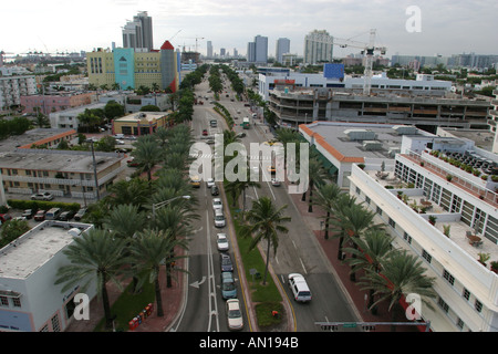 Miami Beach Florida,Fifth Street,Ocean Drive,Lummus Park,Atlantic Shore,shoreline,coast,coastline,seashore,Miami skyline,cityscape,visitors travel tra Stock Photo