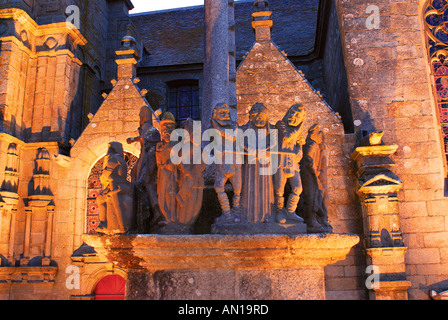 Detail of the Calvaire and enclosed Church by night,  St. Thegonnec, Brittany, France Stock Photo