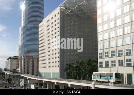 Miami Florida,Biscayne Boulevard,Metro Mover passing downtown office buildings,city skyline cityscape,city skyline,cityscape,architecture,architectura Stock Photo