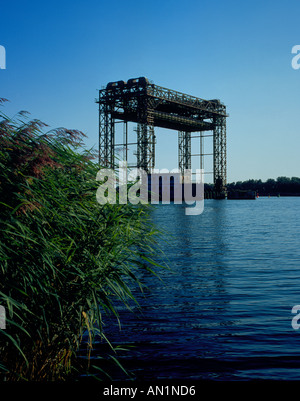 vertical lift bridge (Eisenbahnhubbruecke) at Karnin Usedom Mecklenburg Germany Europe. Photo by Willy Matheisl Stock Photo