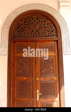 Morocco Marrakesh Villa des Orangers carved wooden door Stock Photo