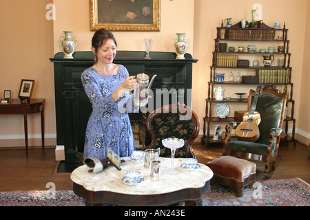 Raleigh North Carolina,Mordecai historic Park,guide period costume,Mordecai house houses home homes residence,built 1785,visitors travel traveling tou Stock Photo