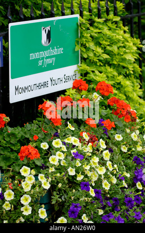 Roadside floral display in Usk Monmouthshire UK the town annually competes in both Wales and Britain in Bloom competitions Stock Photo