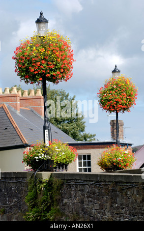 Floral display on lampost in Usk Monmouthshire UK the town annually competes in both Wales and Britain in Bloom competitions Stock Photo