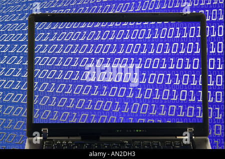 Laptop showing binary digits in background Stock Photo