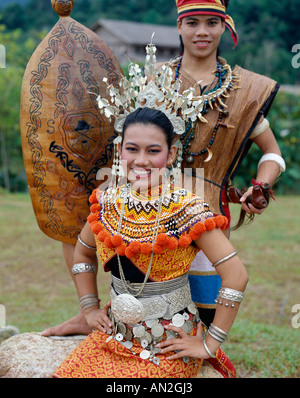 Iban Women Dressed in Traditional Costume, Sarawak, Malaysia Stock Photo