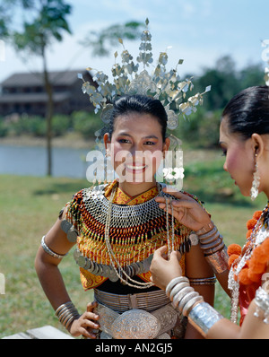 Iban Women Dressed in Traditional Costume, Sarawak, Malaysia Stock Photo