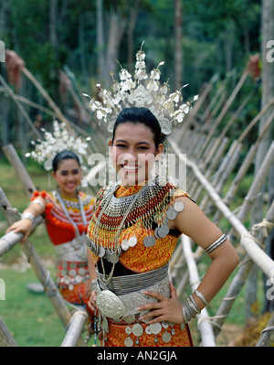 Sarawak Cultural Village / Iban Women Dressed in Traditional Costume, Sarawak, Malaysia Stock Photo