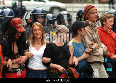 Protesters holding a line against riot police on South St David Street, Edinburgh, Scotland, UK Stock Photo