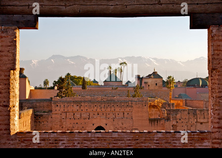 Unusual view out to the Atlas Mountains from Marrakech Morroco market square Stock Photo