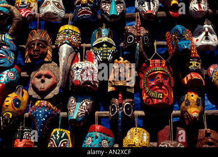 wooden dance masks, dance masks, market, vendor, central market, Chichicastenango, El Quiche, El Quiche Department, Guatemala, Central America Stock Photo