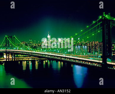 Manhattan Skyline and Manhattan Bridge At Night, New York City Stock ...