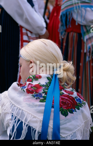 Rear View of Blond Swedish Woman in Traditional Dress, Stockholm, Sweden Stock Photo