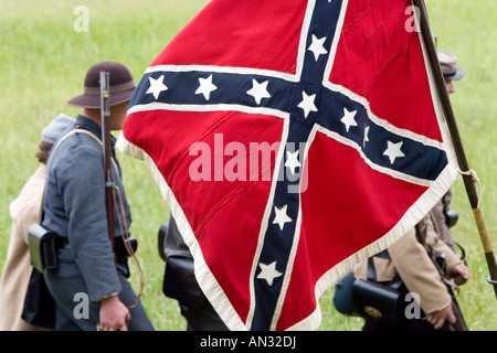 A group of American Civil War Reanactors carrying a Confederate Flag on the Gettysburg Field of Battle Stock Photo