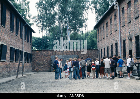 Auschwitz, now a state museum; beyond the tourists is the camp's Wall of Death, a place of floggings and executions Stock Photo