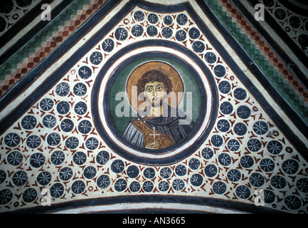 Fresco of a Saint in the Byzantine church of Saint Barbara at the Monastery of Saint Luke. Stock Photo