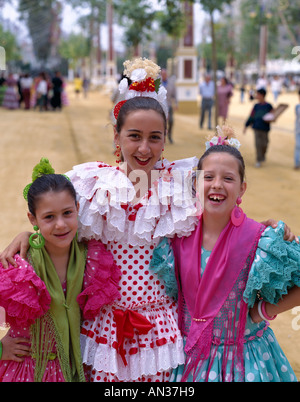 Fiesta / Horse Fair / Girls Dressed in Costume, Jerez de la Frontera, Andalusia, Spain Stock Photo