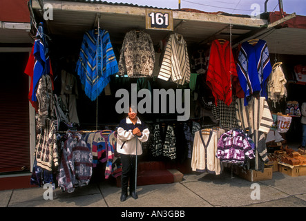 1, one, Chilean woman, adult woman, salesclerk, seller, selling, woolen clothes, souvenirs, clothing store, Puerto Montt, Chile, South America Stock Photo