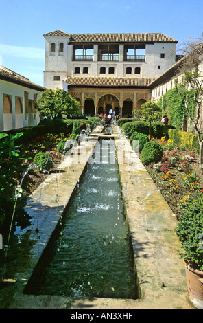 Water fountains in the Patio de la Acequi in the Generalife gardens, Alhambra, Granada, Andalucia, Spain. Stock Photo