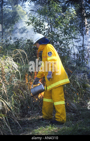 Volunteer Rural Fire Service Firefighter doing some backburning, Australia. Stock Photo