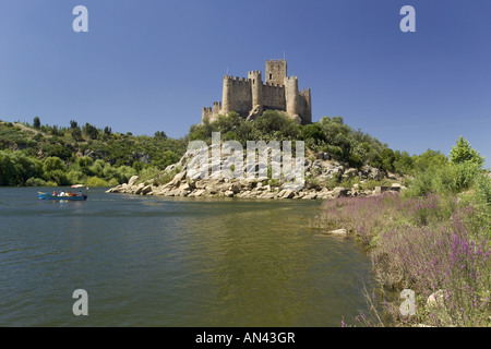 Ribatejo District, Near Tomar, Almourol Medieval Fort & Tourist Boat, On The River Tejo, Stock Photo