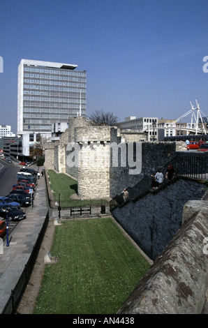 City of Southampton part of the town walls which form a historic walk with high rise office block beyond Stock Photo