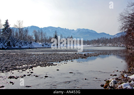 winter view mountain range Brauneck and Benediktenwand from the River Isar near Lenggries Bavaria Germany Europe Stock Photo