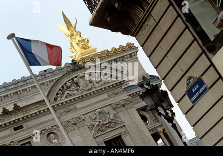 French flag outside the Palais Garnier opera house in Paris Stock Photo