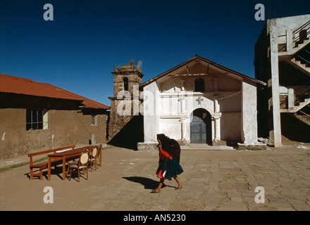 Main plaza in town centre on island of Taquile, Lake Titicaca,Peru Stock Photo