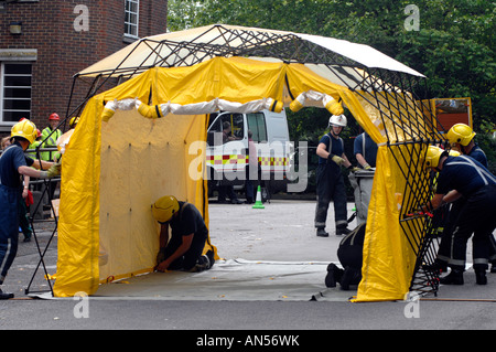 Decontamination shower unit used by emergency services taking part in a chemical or biological attack exercise, Britain, UK Stock Photo
