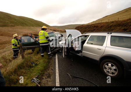 Head on car crash remote rural A44 trunk road near Eisteddfa Gurig