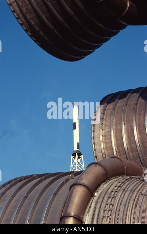 Top of Little Joe II Rocket seen through the exhausts of a Saturn V Rocket Stock Photo