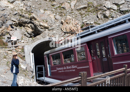 The Mont Blanc Tram descending into the tunnel at the Nid d'Aigile Stock Photo
